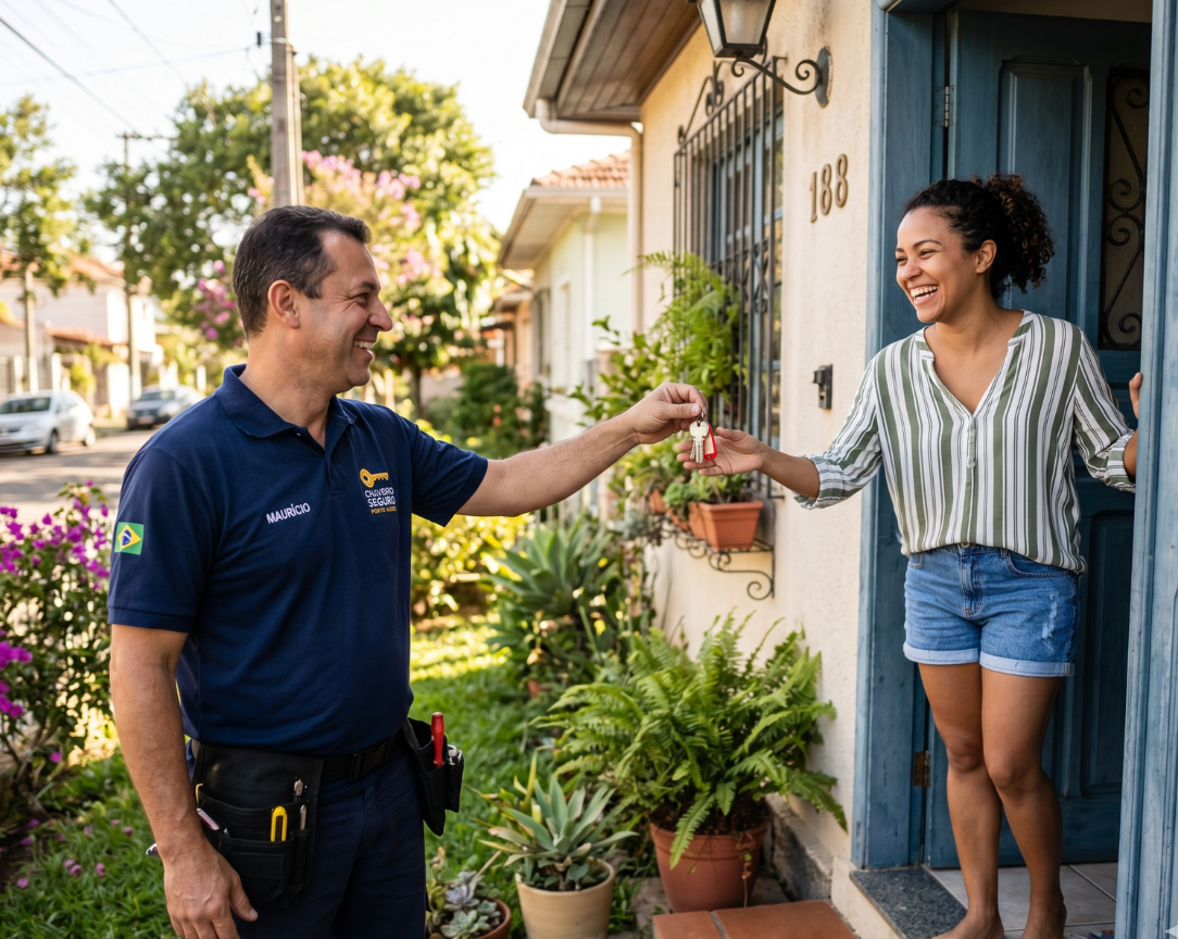 Chaveiro entregando a chave a um cliente em Maceió